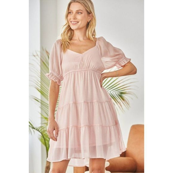 Andree by Unit Shimmery Blush Dress Babydoll Pink Puff Sleeves Tiered New D10039 - Picture 2 of 5
